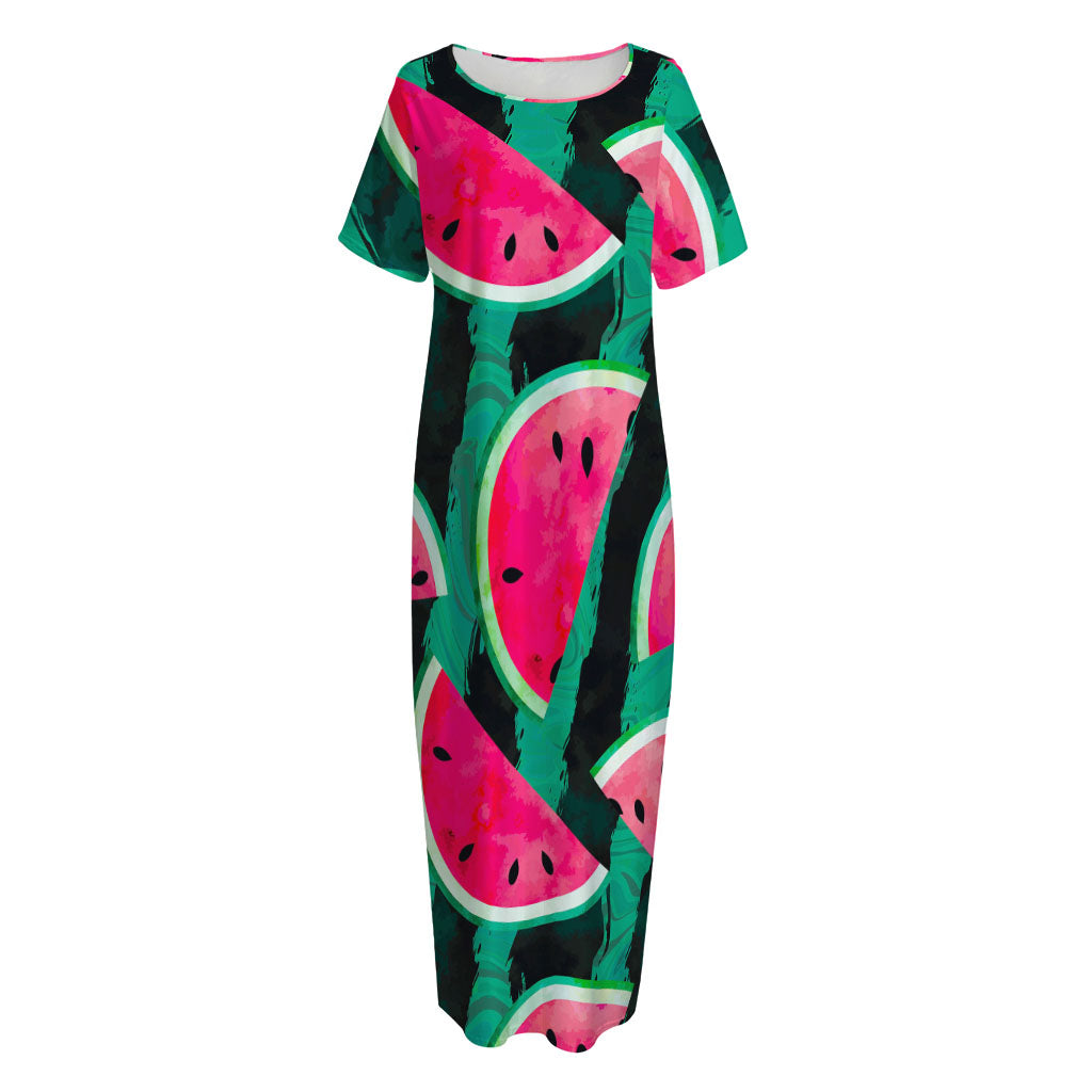 Green Striped Watermelon Pattern Print Short Sleeve Long Nightdress