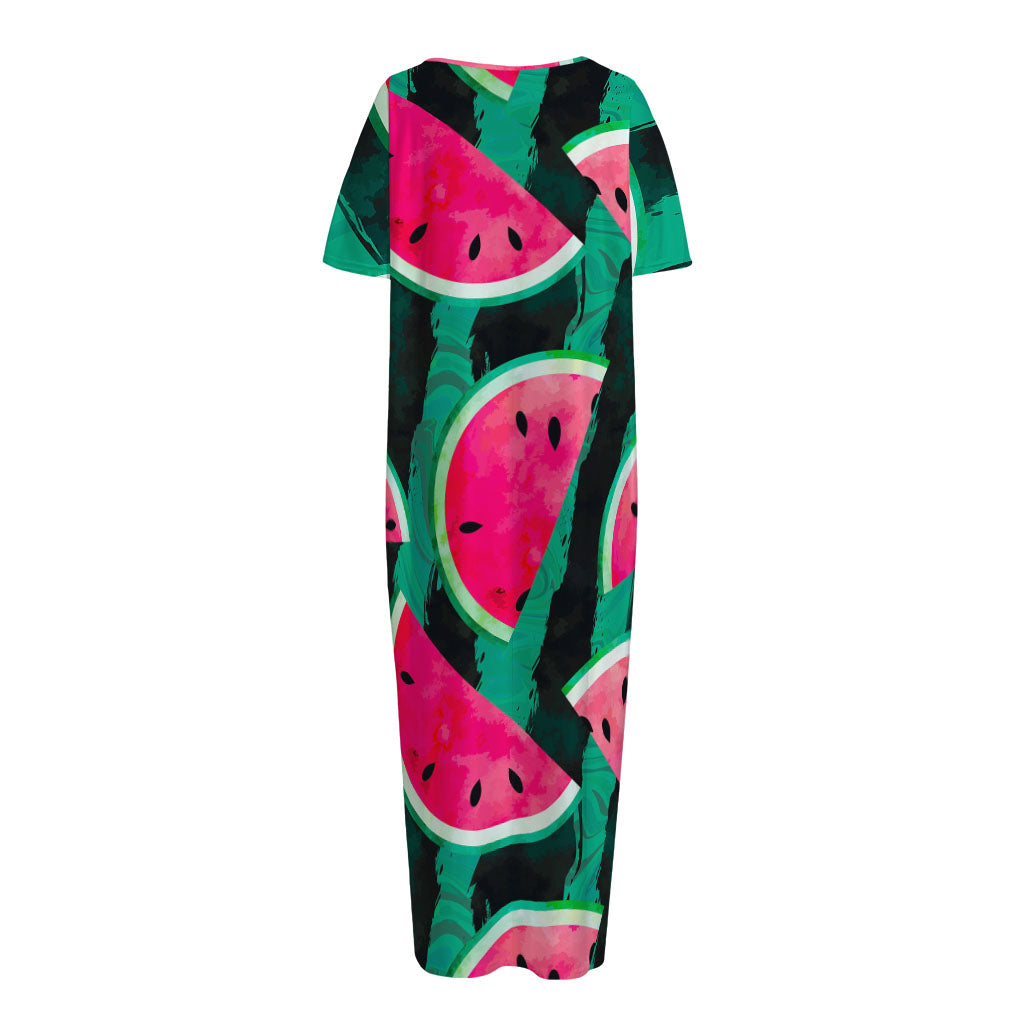 Green Striped Watermelon Pattern Print Short Sleeve Long Nightdress