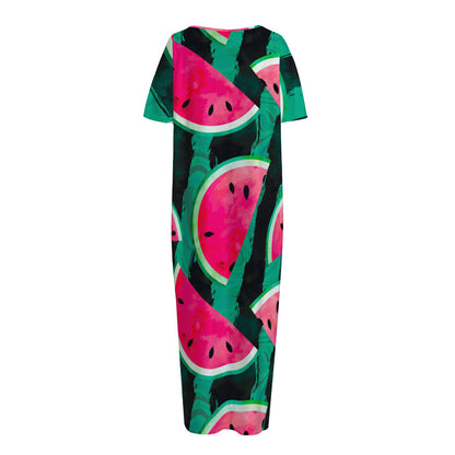 Green Striped Watermelon Pattern Print Short Sleeve Long Nightdress