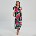 Green Striped Watermelon Pattern Print Short Sleeve Maxi Dress