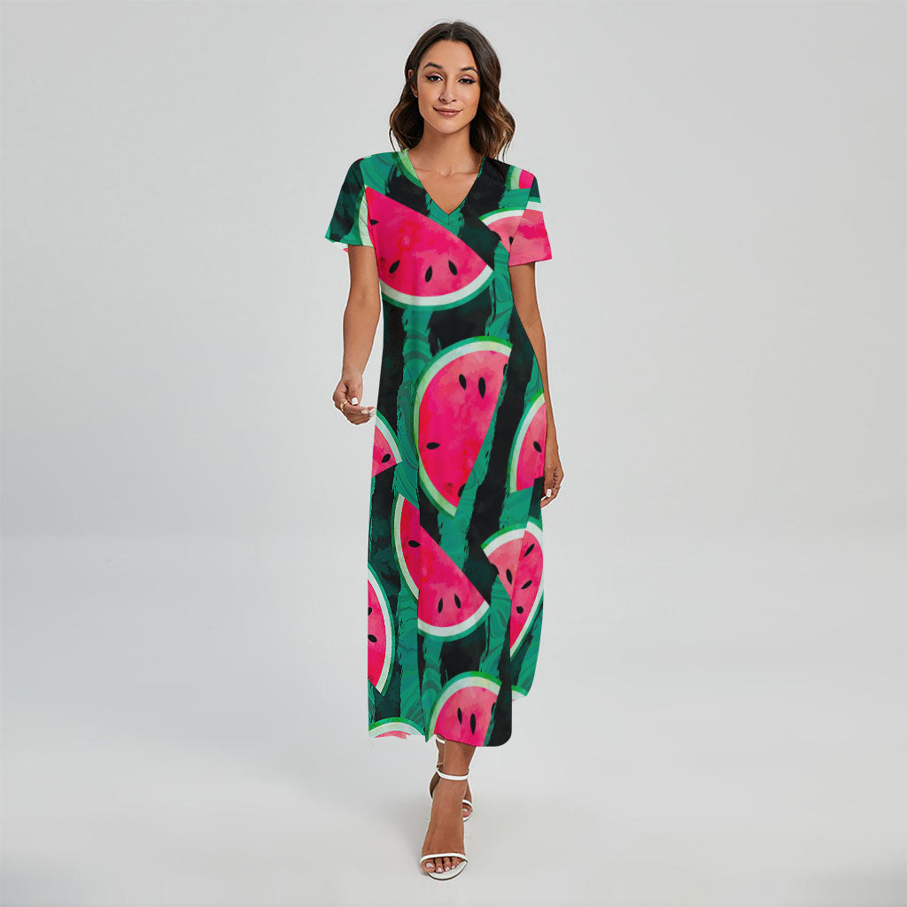 Green Striped Watermelon Pattern Print Short Sleeve Maxi Dress