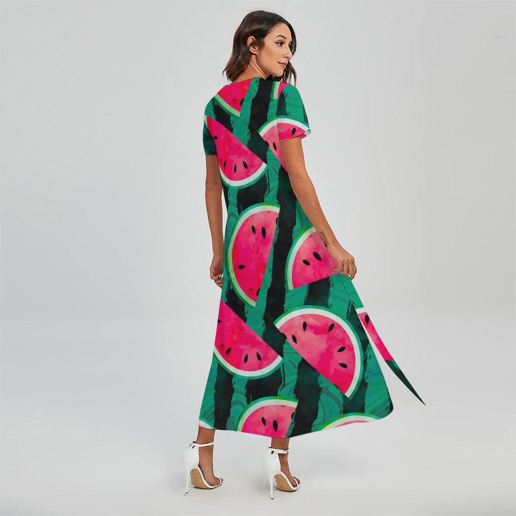 Green Striped Watermelon Pattern Print Short Sleeve Maxi Dress