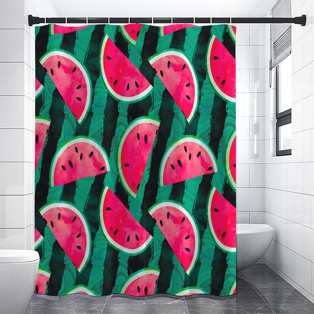 Green Striped Watermelon Pattern Print Shower Curtain