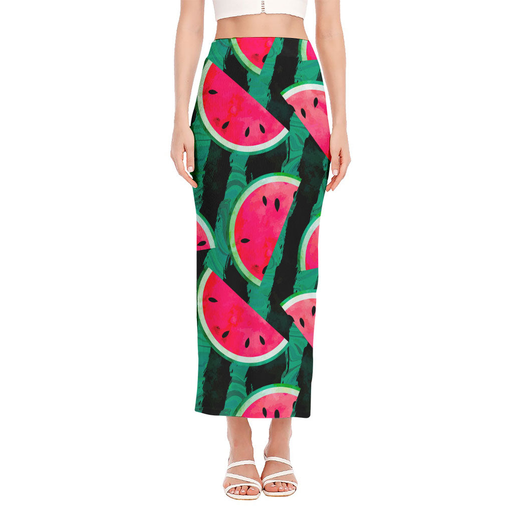 Green Striped Watermelon Pattern Print Side Slit Maxi Skirt