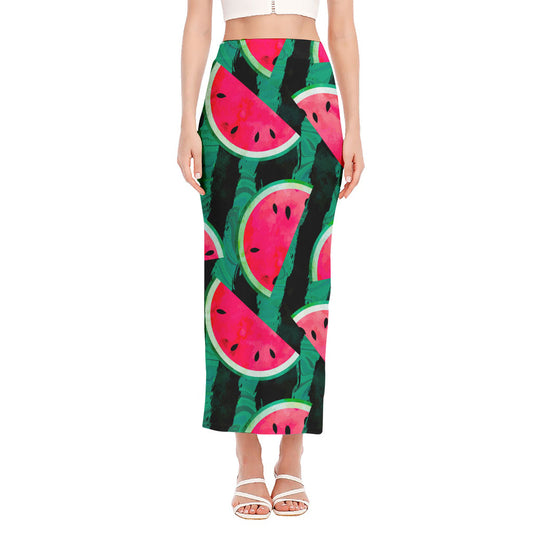 Green Striped Watermelon Pattern Print Side Slit Maxi Skirt