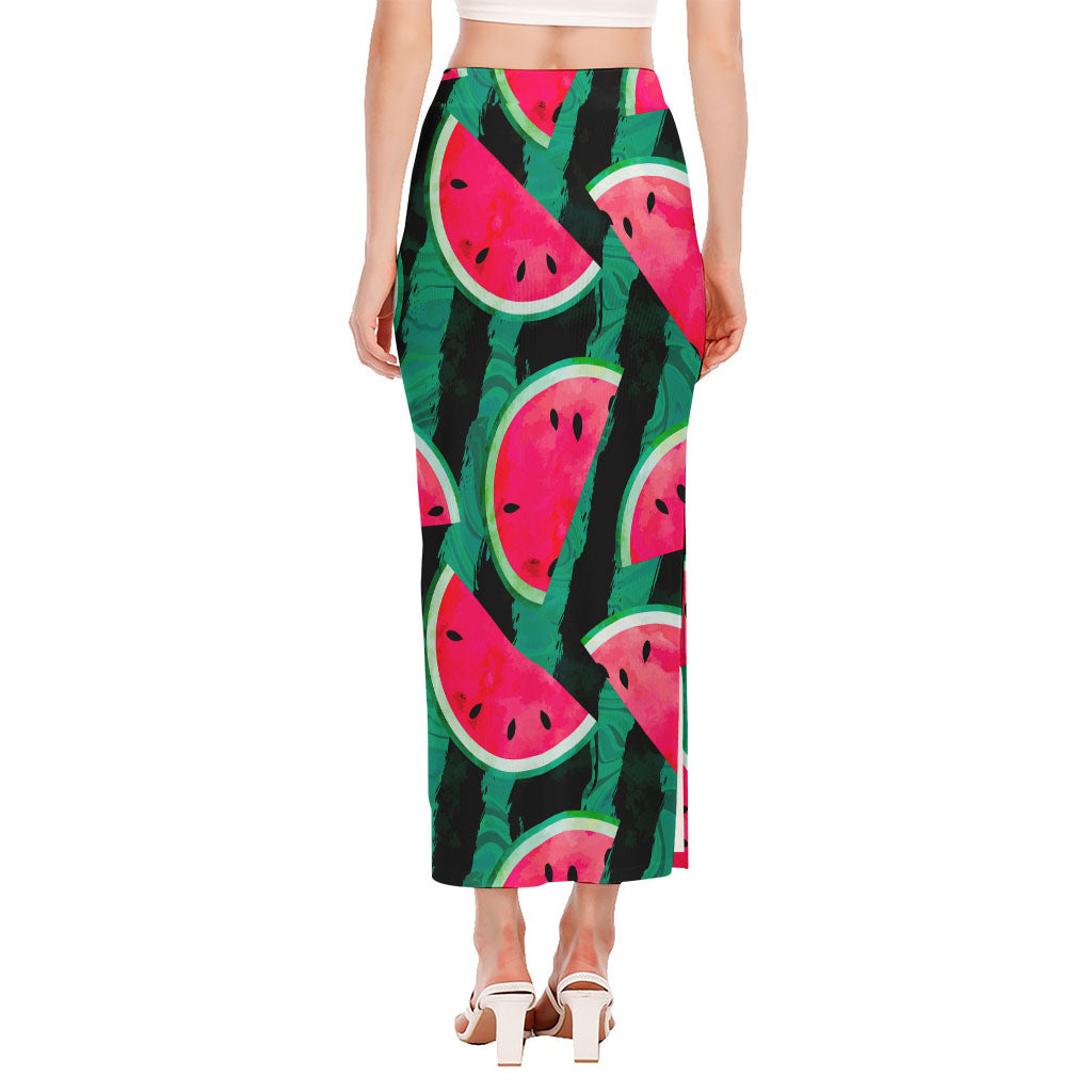 Green Striped Watermelon Pattern Print Side Slit Maxi Skirt