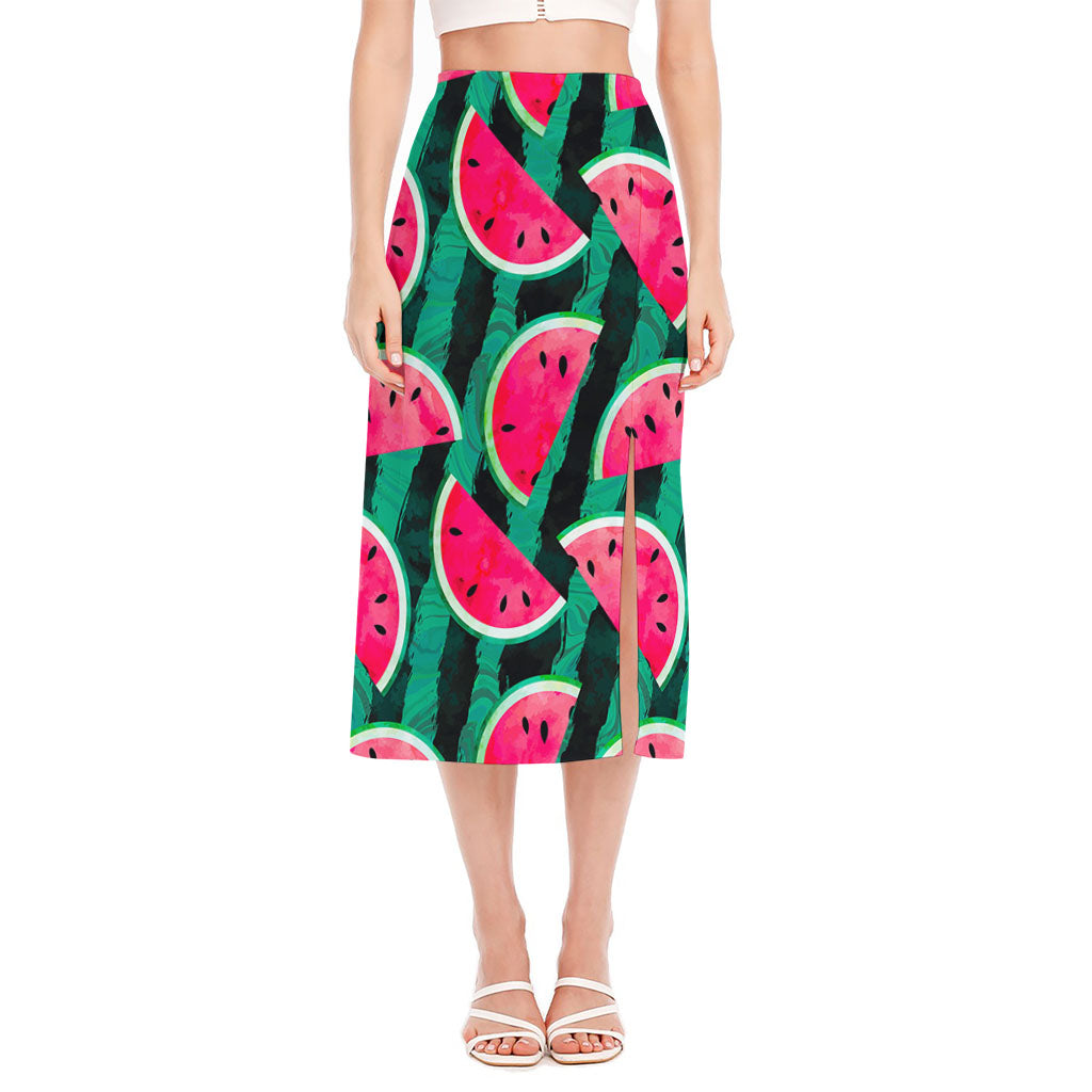 Green Striped Watermelon Pattern Print Side Slit Midi Skirt
