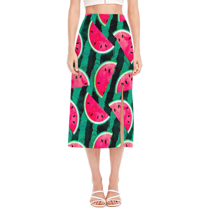 Green Striped Watermelon Pattern Print Side Slit Midi Skirt
