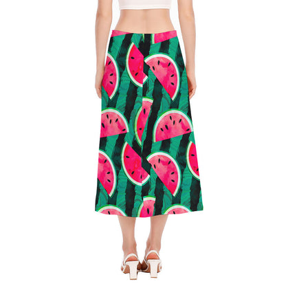 Green Striped Watermelon Pattern Print Side Slit Midi Skirt