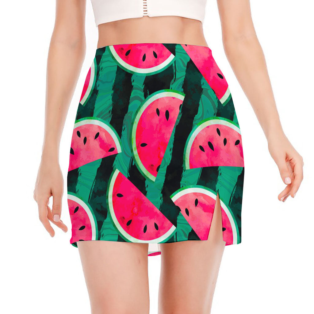 Green Striped Watermelon Pattern Print Side Slit Mini Skirt