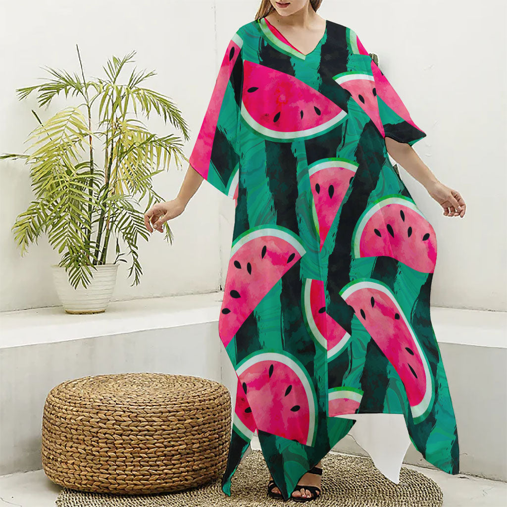 Green Striped Watermelon Pattern Print Silk V-Neck Kaftan Dress