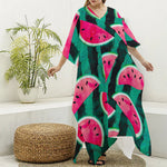 Green Striped Watermelon Pattern Print Silk V-Neck Kaftan Dress