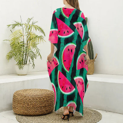 Green Striped Watermelon Pattern Print Silk V-Neck Kaftan Dress