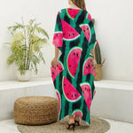 Green Striped Watermelon Pattern Print Silk V-Neck Kaftan Dress