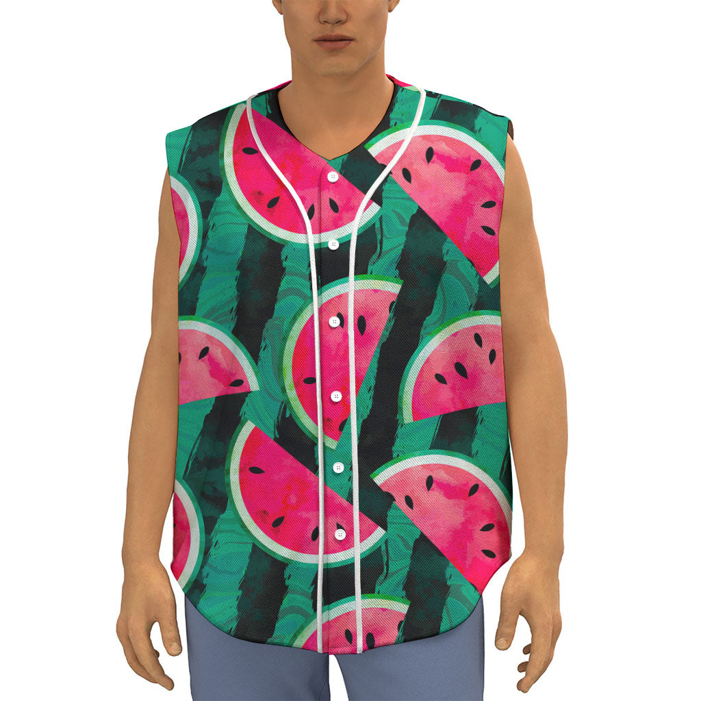 Green Striped Watermelon Pattern Print Sleeveless Baseball Jersey