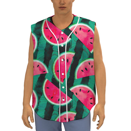 Green Striped Watermelon Pattern Print Sleeveless Baseball Jersey