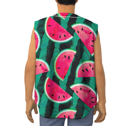 Green Striped Watermelon Pattern Print Sleeveless Baseball Jersey