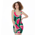 Green Striped Watermelon Pattern Print Sleeveless Bodycon Dress