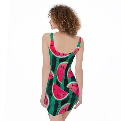 Green Striped Watermelon Pattern Print Sleeveless Bodycon Dress