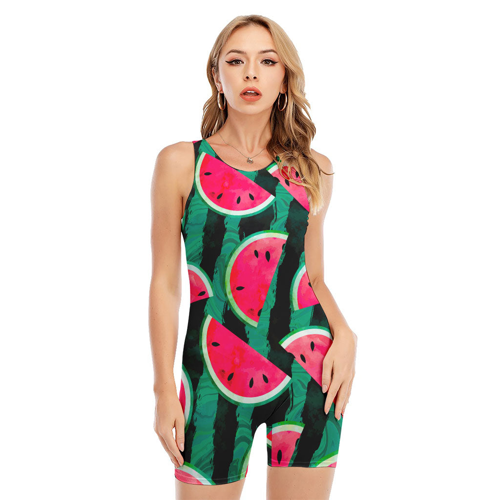Green Striped Watermelon Pattern Print Sleeveless One Piece Swimsuit