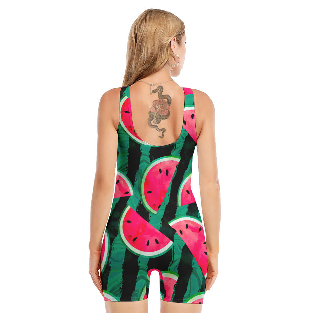 Green Striped Watermelon Pattern Print Sleeveless One Piece Swimsuit