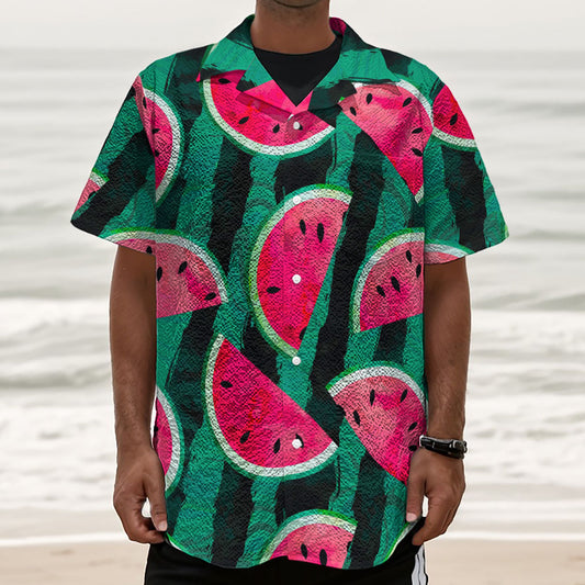Green Striped Watermelon Pattern Print Textured Short Sleeve Shirt