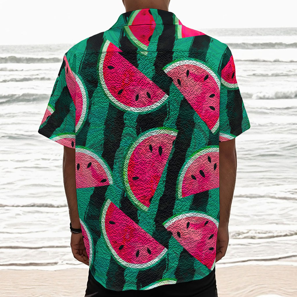 Green Striped Watermelon Pattern Print Textured Short Sleeve Shirt