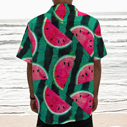 Green Striped Watermelon Pattern Print Textured Short Sleeve Shirt