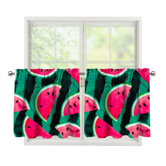 Green Striped Watermelon Pattern Print Tier Curtains