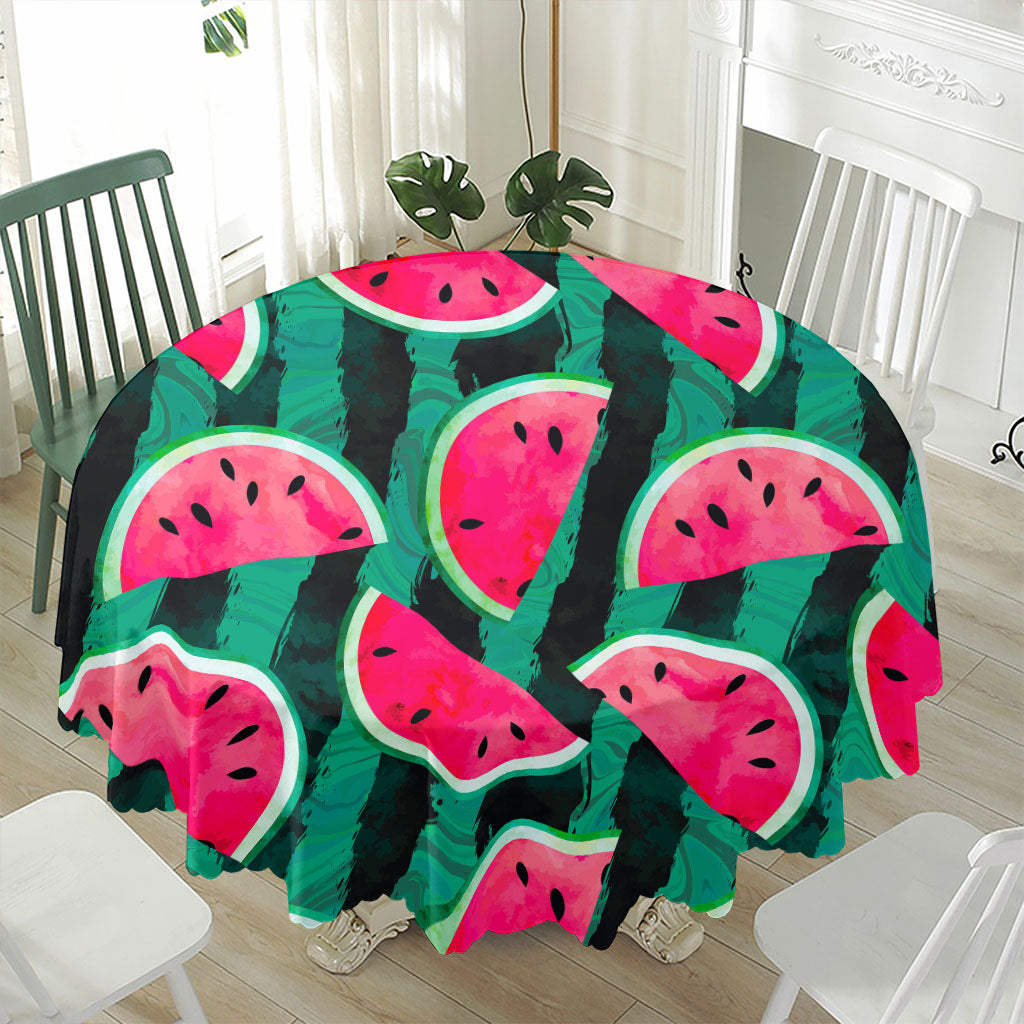 Green Striped Watermelon Pattern Print Waterproof Round Tablecloth