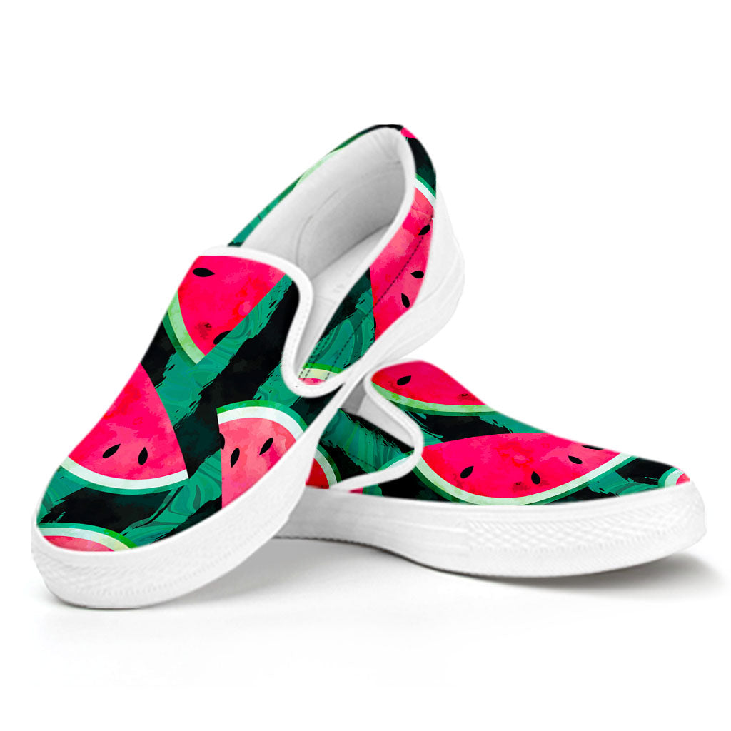 Green Striped Watermelon Pattern Print White Slip On Sneakers