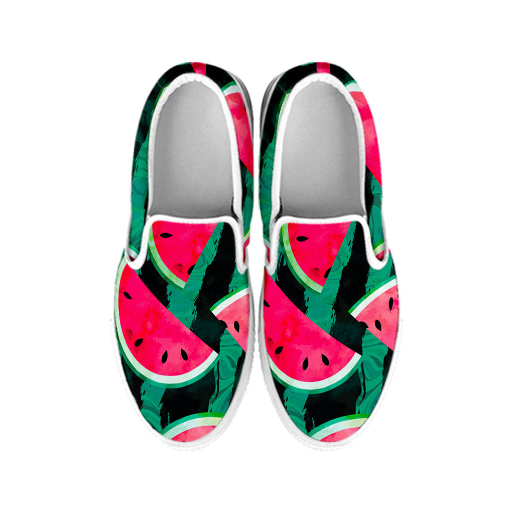 Green Striped Watermelon Pattern Print White Slip On Sneakers
