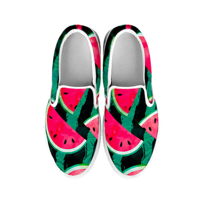 Green Striped Watermelon Pattern Print White Slip On Sneakers