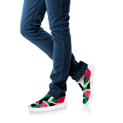 Green Striped Watermelon Pattern Print White Slip On Sneakers