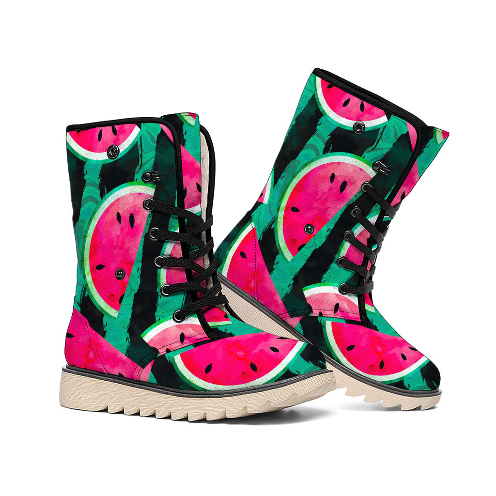 Green Striped Watermelon Pattern Print Winter Boots