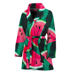 Green Striped Watermelon Pattern Print Women's Bathrobe