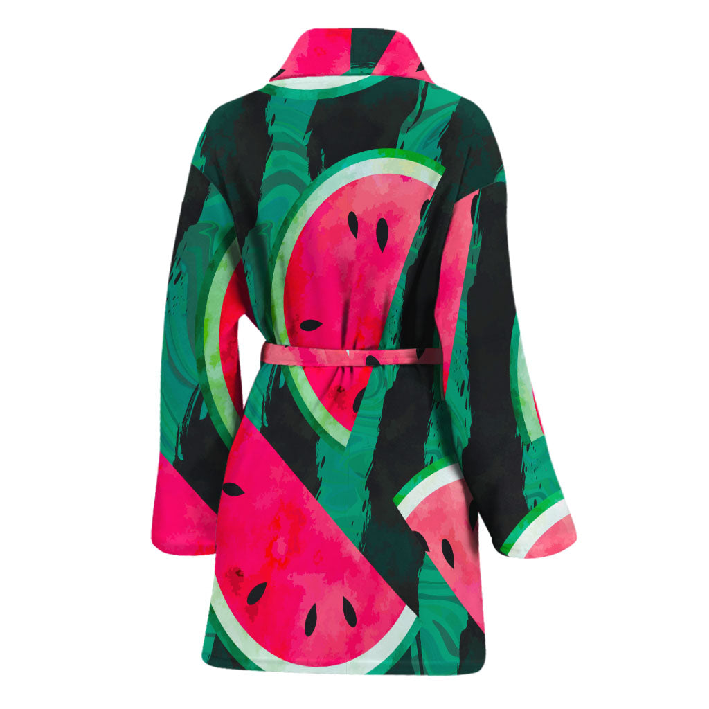 Green Striped Watermelon Pattern Print Women's Bathrobe