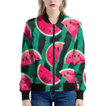 Green Striped Watermelon Pattern Print Women's Bomber Jacket