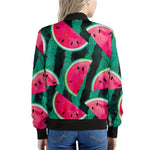Green Striped Watermelon Pattern Print Women's Bomber Jacket