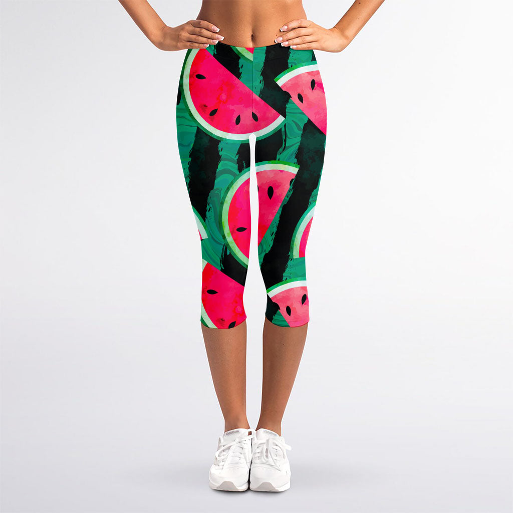 Green Striped Watermelon Pattern Print Women's Capri Leggings