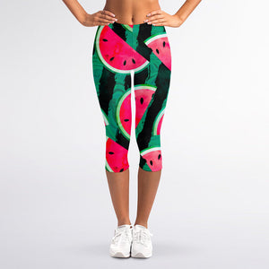 Green Striped Watermelon Pattern Print Women's Capri Leggings