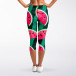 Green Striped Watermelon Pattern Print Women's Capri Leggings