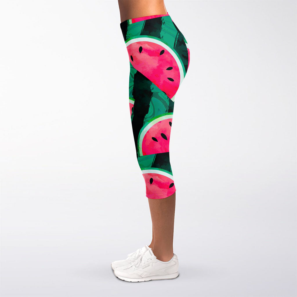 Green Striped Watermelon Pattern Print Women's Capri Leggings