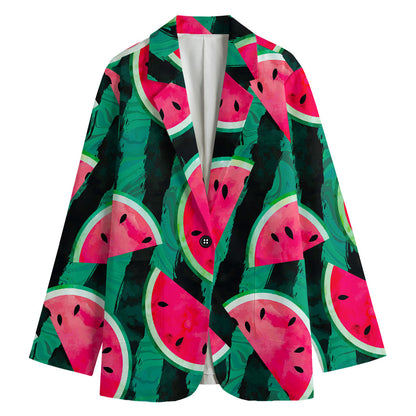 Green Striped Watermelon Pattern Print Women's Cotton Blazer