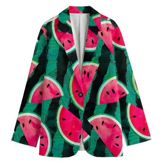 Green Striped Watermelon Pattern Print Women's Cotton Blazer