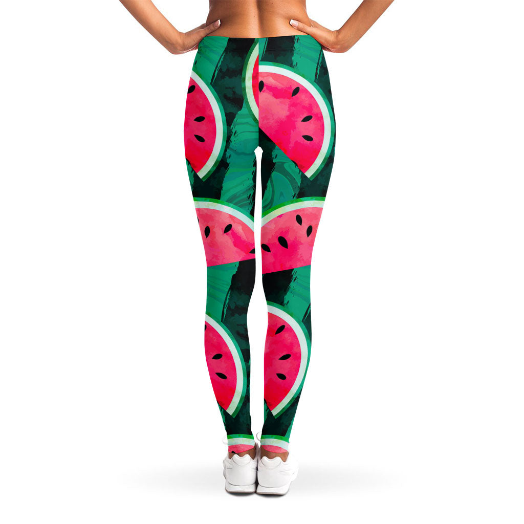 Green Striped Watermelon Pattern Print Women's Leggings