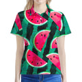 Green Striped Watermelon Pattern Print Women's Polo Shirt