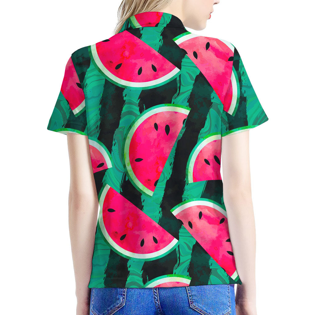 Green Striped Watermelon Pattern Print Women's Polo Shirt