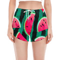 Green Striped Watermelon Pattern Print Women's Split Running Shorts