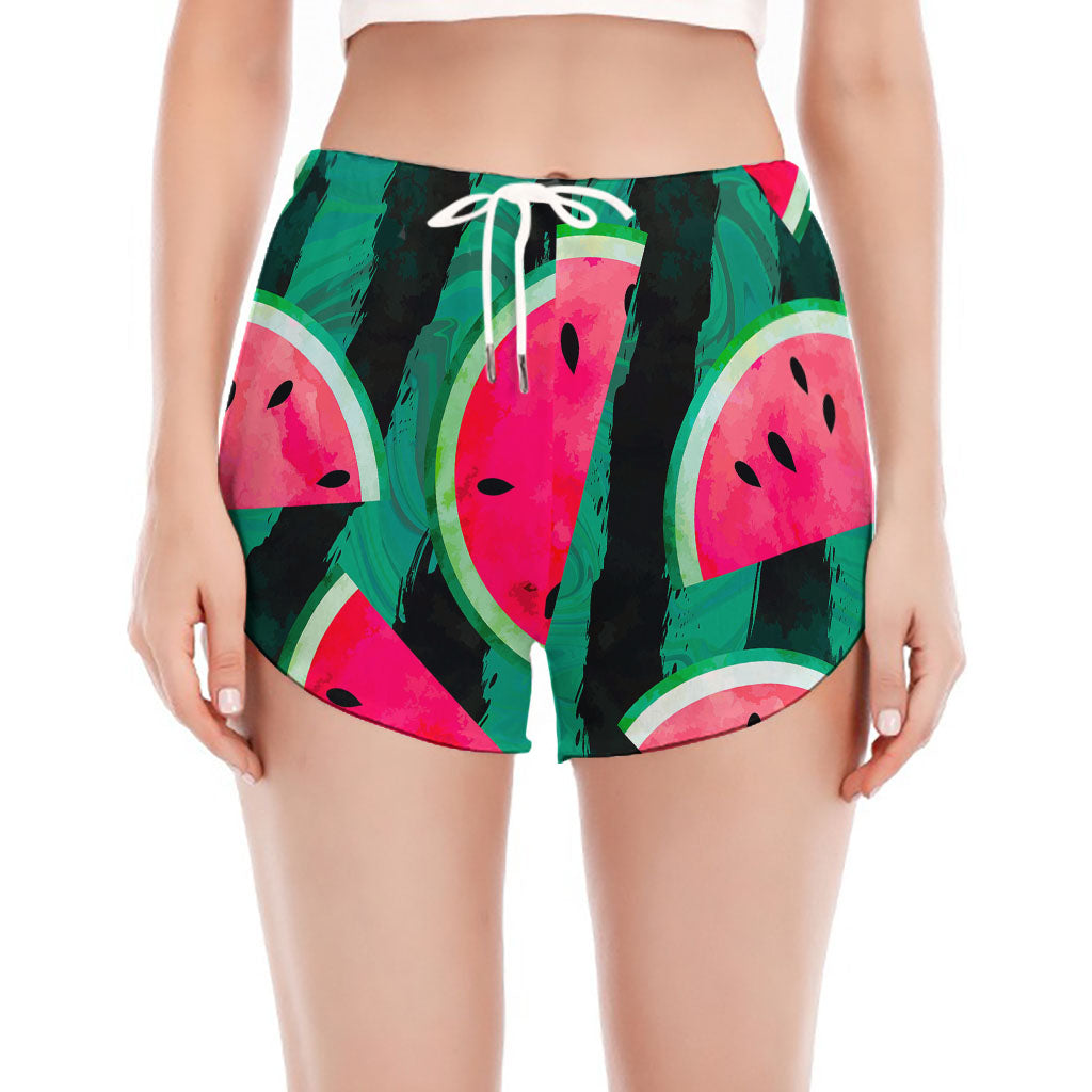 Green Striped Watermelon Pattern Print Women's Split Running Shorts